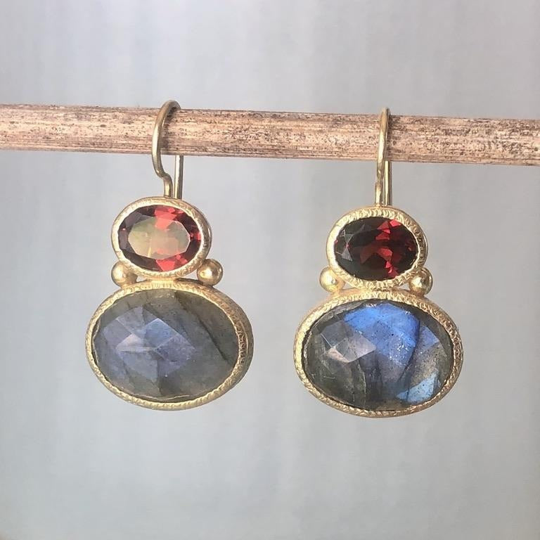 garnet and labradorite earrings in gold